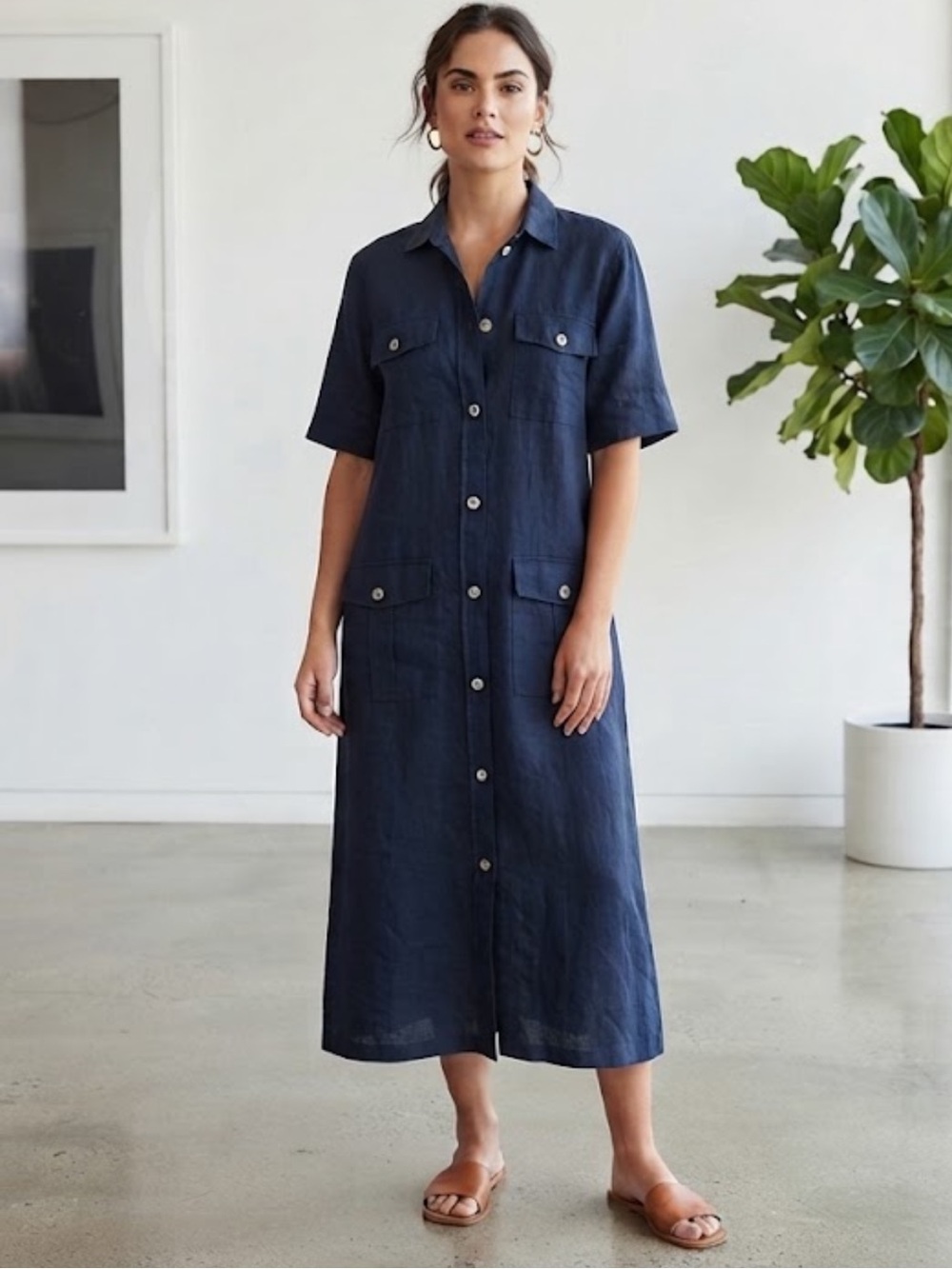 Billy Reid 100% Linen Midi Short Sleeve Shirt Dress Size Small